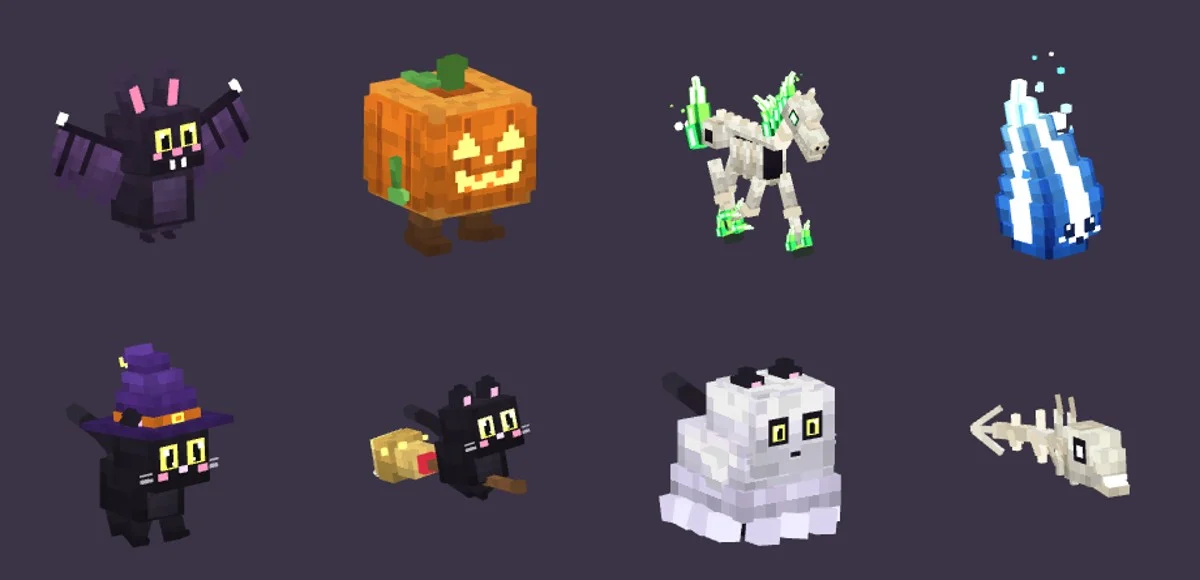 Les huit familiers d’Halloween : chauve-souris, citrouille, cheval squelette, feu follet, trois chats noirs et un poisson squelette