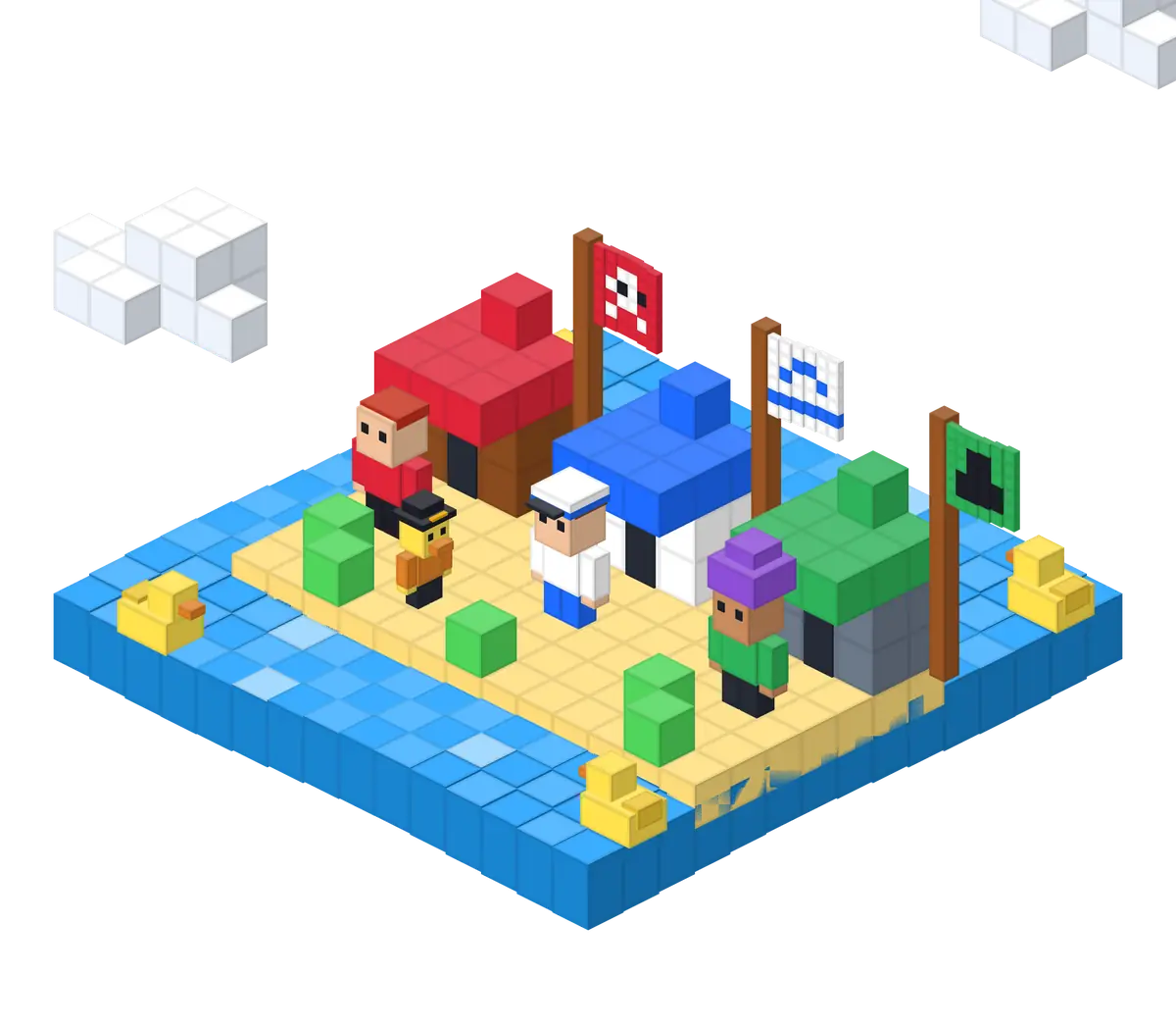 Les trois repaires en cubes : le pavillon rouge des Pirates, le bleu et blanc de la Marine, le vert de la Révolution, leurs recruteurs, et Coincoin qui hésite.