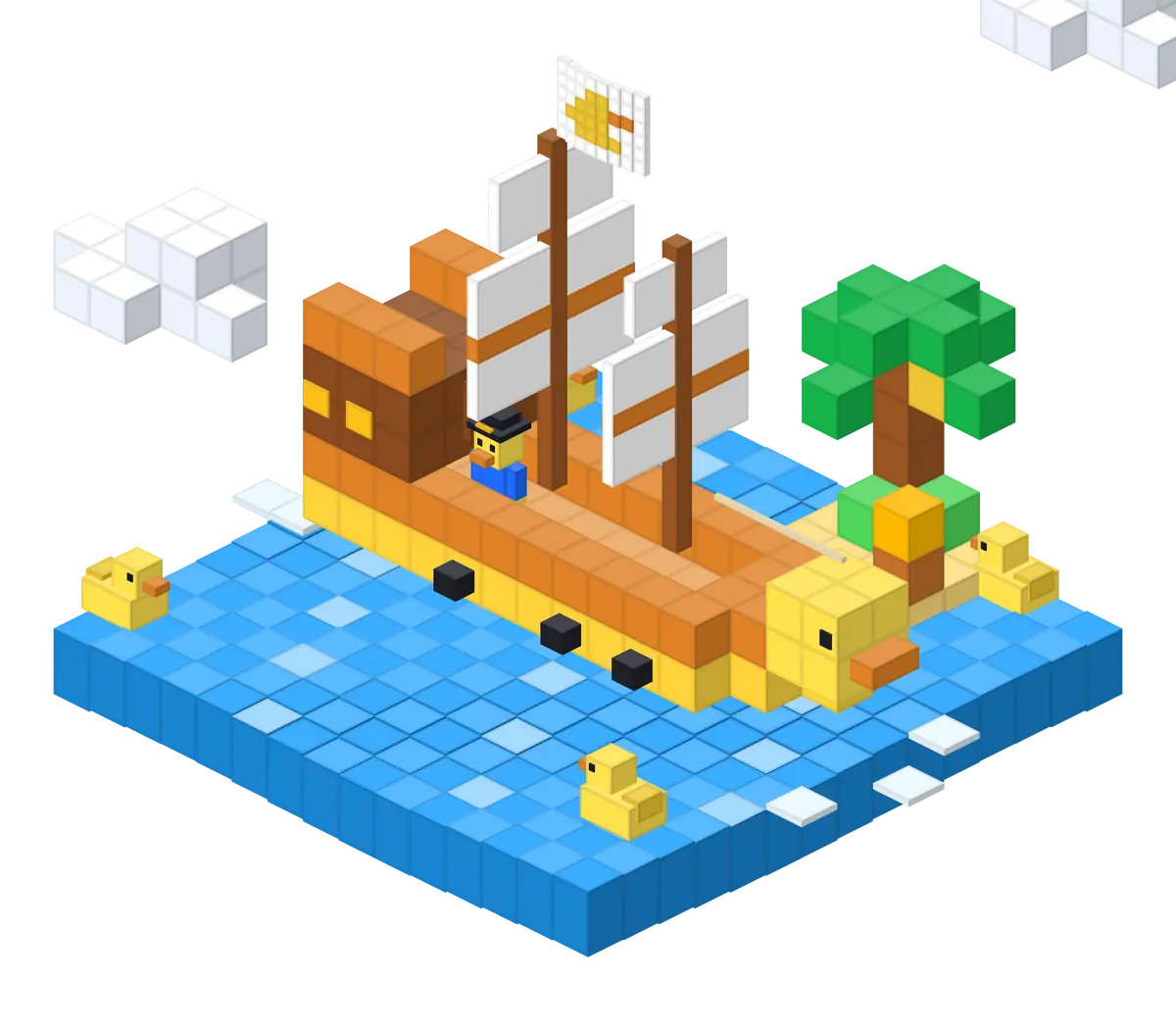 La frégate jaune au pavillon canard sur la mer de cubes, Coincoin à la barre.