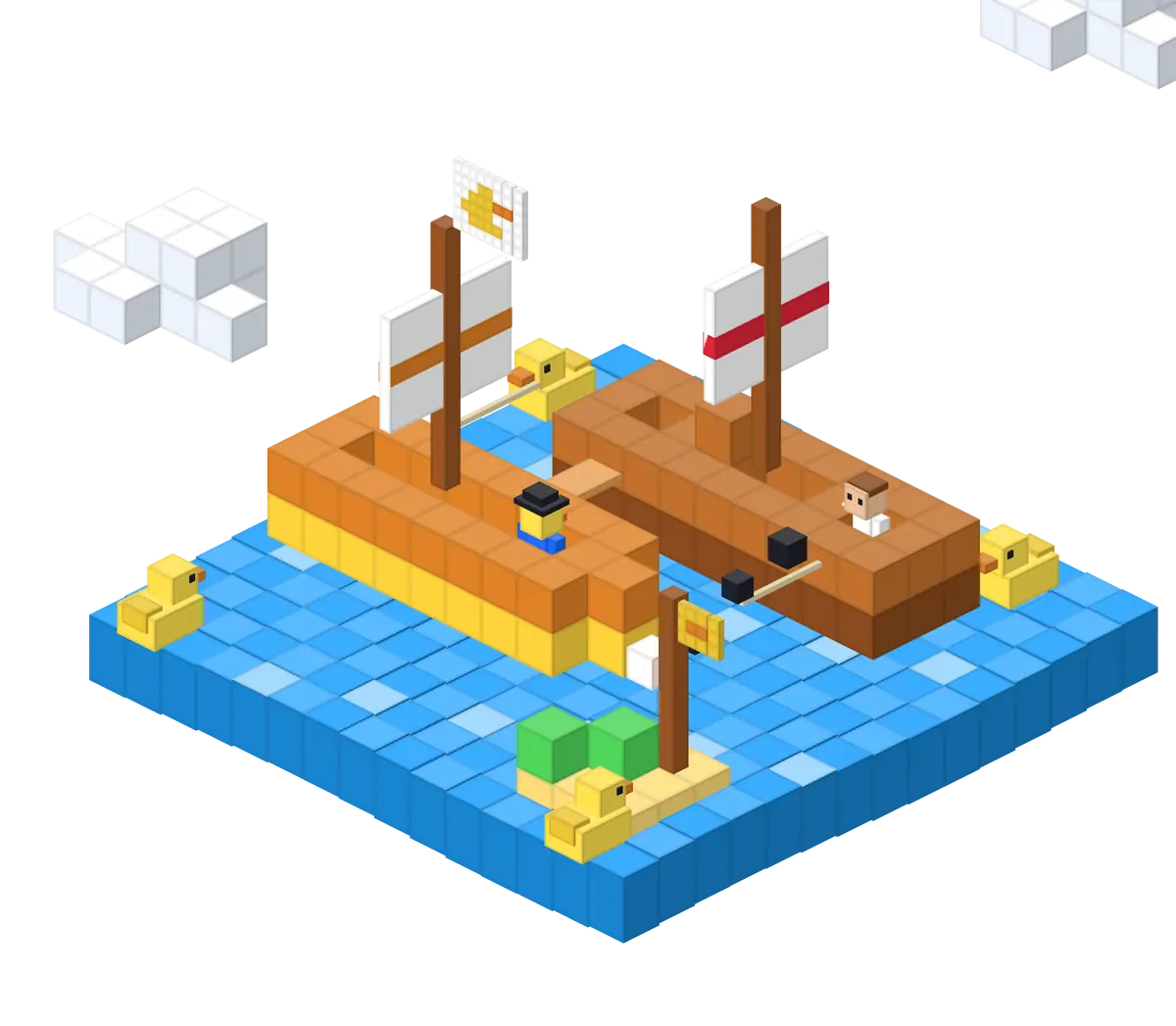 Le brick jaune au pavillon canard en mer, bord à bord avec un convoi marchand.