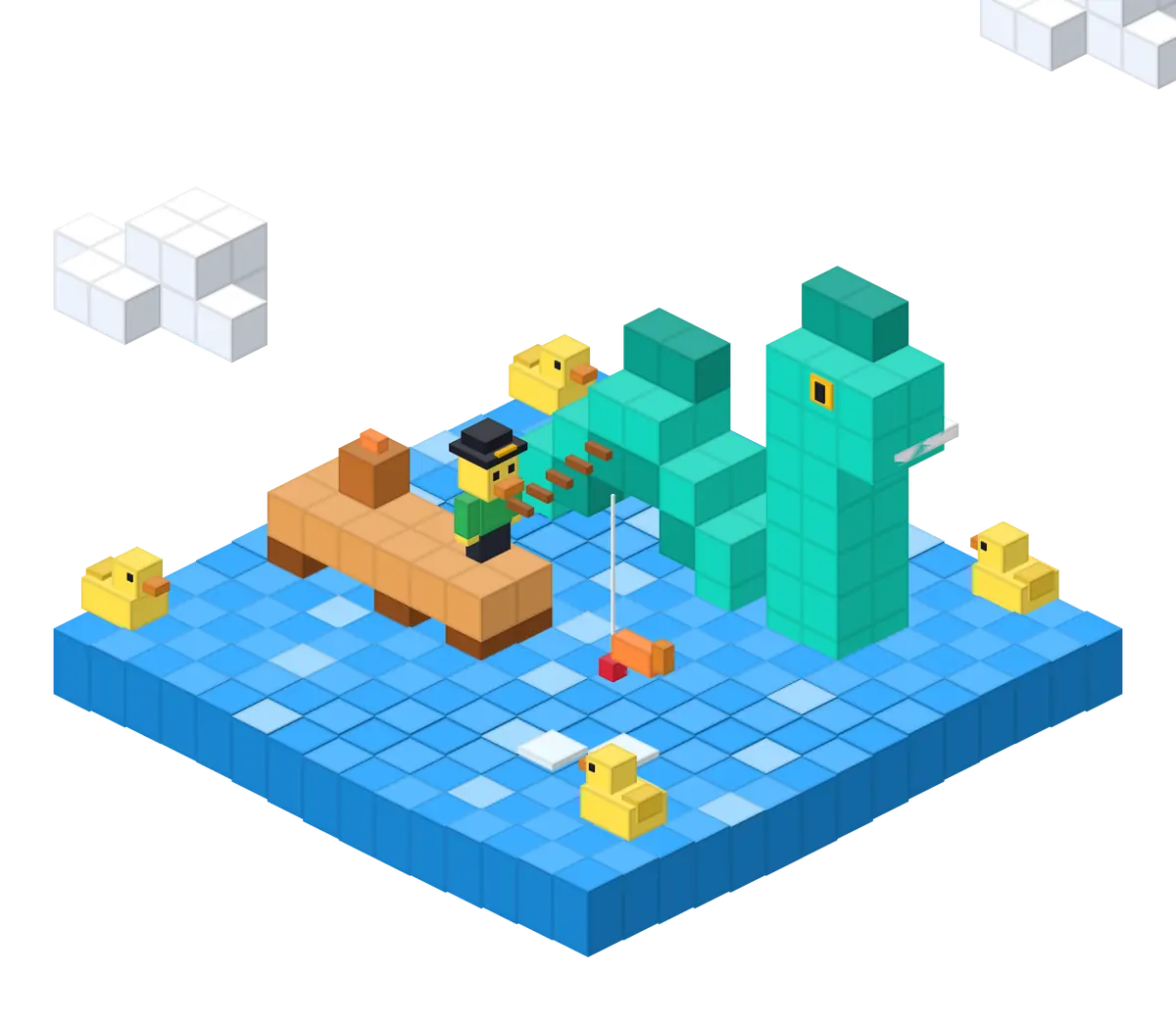 Coincoin au bout de son ponton, et le Roi des Mers qui sort des vagues de cubes.